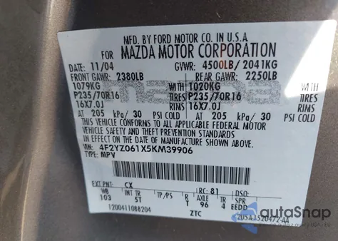 2005 Mazda Tribute from USA, damaged, VIN LOT-1-44547226